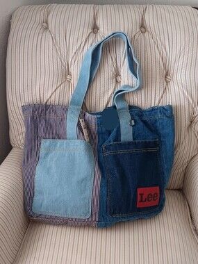 Kacey Lee Patchwork Denim Tote in Light Blue, Dark Blue & Red Logo